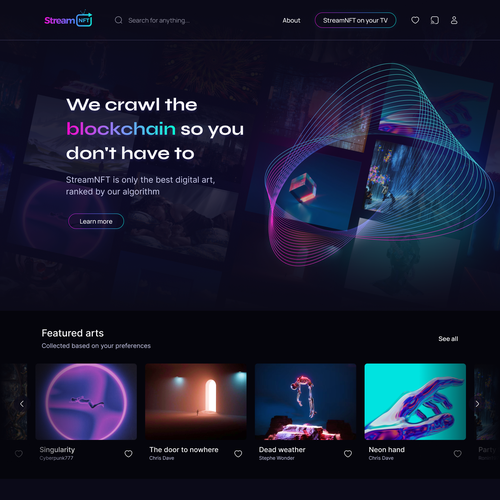 Streaming design with the title 'NFT streaming service Home Page'