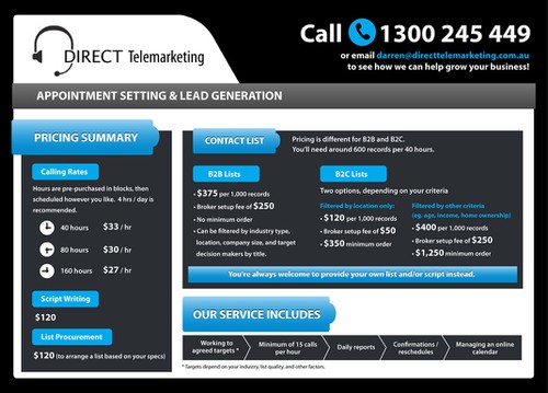 Promotional design with the title 'Design a one page pricing brochure for a Lead Generation company!'