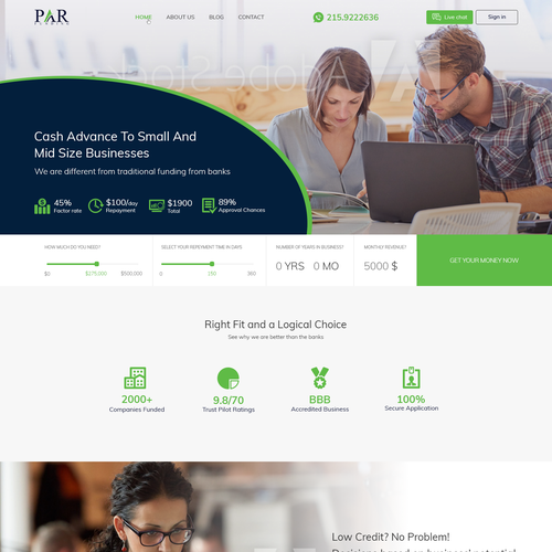 Green website with the title 'Cash advance to small and mid size businesses web design'