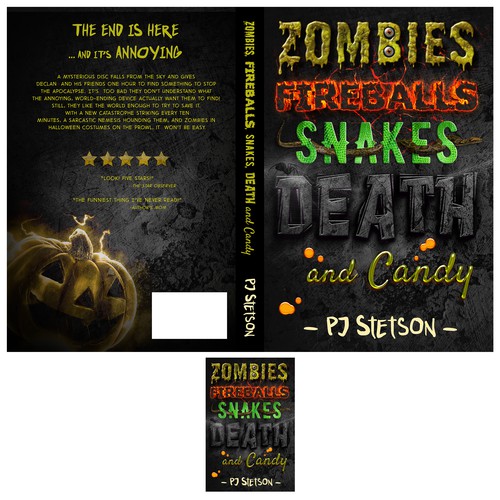 Typography book cover with the title 'Zombies, fireballs, snakes, death and candy'