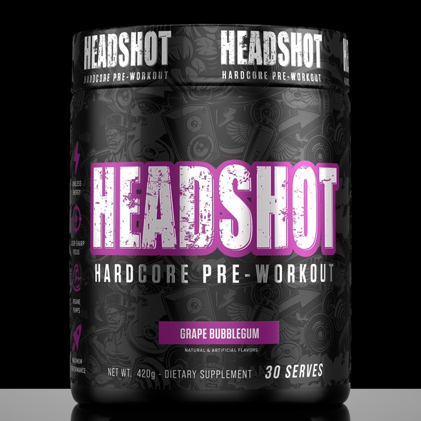 Fitness label with the title 'headshot pre-workout label design'