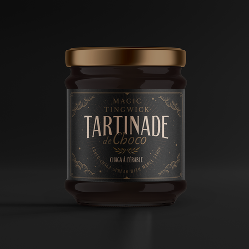 Dark packaging with the title 'Luxurious mystic Nutella with maple syrup and mushroom'