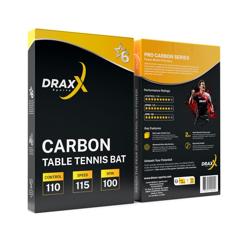 Amazon packaging with the title 'Premium Box Design for DRAXX Sports 6-Star Carbon Table Tennis Bat'