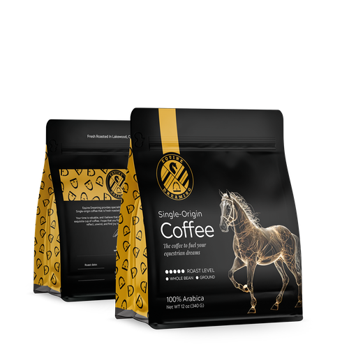 Coffee shop packaging with the title 'Design for the Equine Dreaming Coffee'