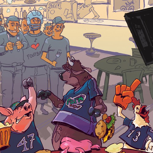 Cartoon artwork with the title 'The Cow, The Pig And The Chicken'