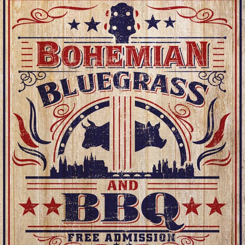 Poster illustration with the title ' vintage Americana flyer for a BBQ/Bluegrass festival in Prague'