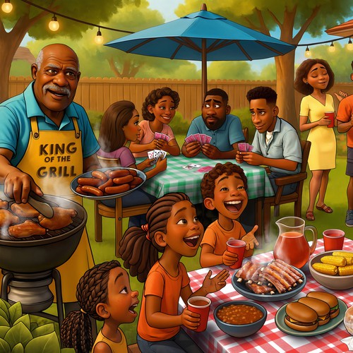 Barbecue design with the title 'Summer Backyard BBQ Party: Jigsaw Puzzle Illustration'