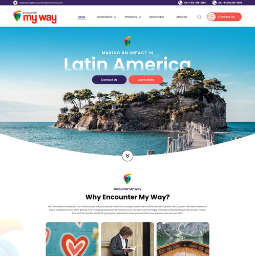 Tourism website with the title 'Encounter My Way: Premium Volunteer Travel & Cultural Tourism Landing Page'