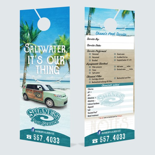 Door hanger design with the title 'DoorHanger Design For The Coolest Pool Company In The World'