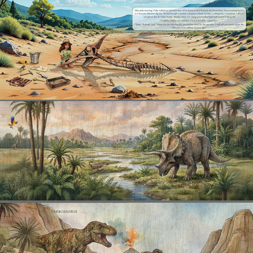 Illustrated design with the title 'Interior design of the book "The Illustrated Dinosaurs on Planet Earth"'