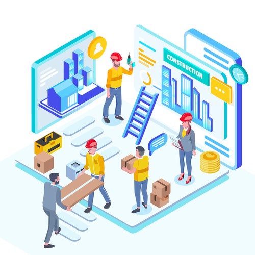 Funky design with the title 'Flat 3d isometric desktop UI/UX design web infographic concept vector. '