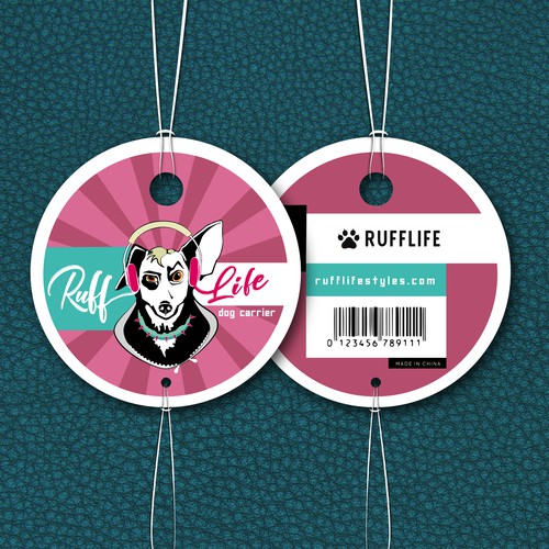 Illustrated label with the title 'Dog Purse - tag design'