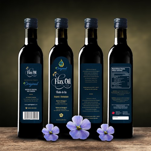 Oil label with the title 'Luxury, High Quality and Natural Label design for Canadian Flax Seed Oil'