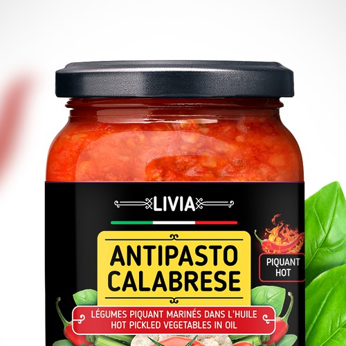 Olive oil label with the title '"LIVIA" Antipasto Calabrese'