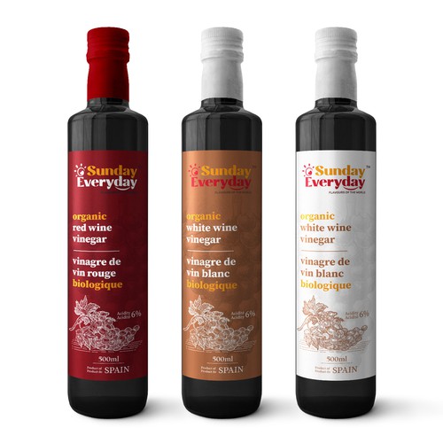 High-end packaging with the title 'Label for Organic Wine Vinegar White & Red for Sunday Everyday'