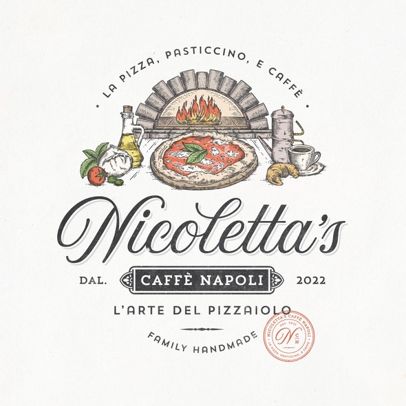 Etching design with the title 'Nicoletta's Cafe Pizzaiolo'