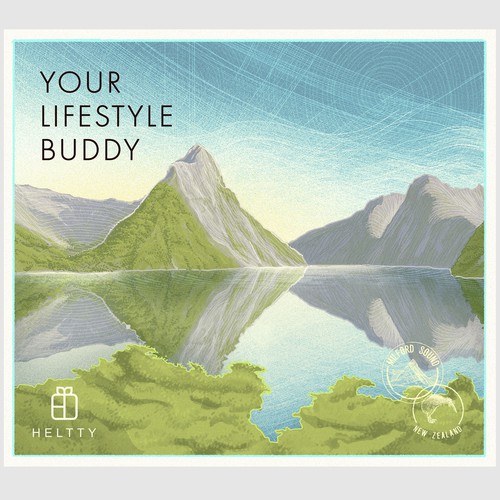 Landscape artwork with the title 'Milford sound illustration for Heltty'