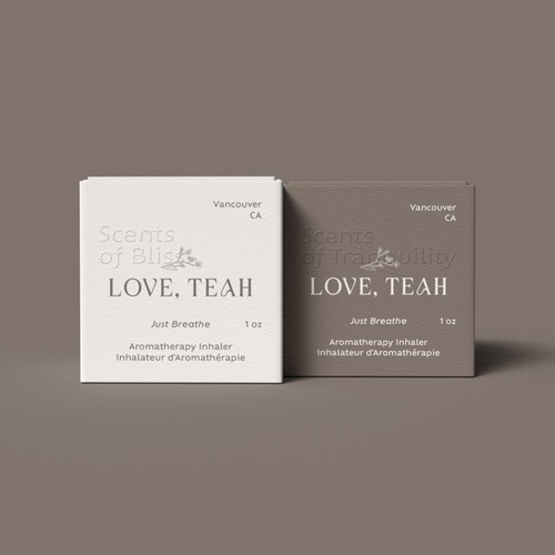 Design with the title 'LOVE, TEAH - AROMATHERAPY INHALER'