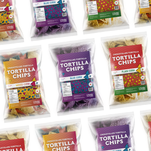Chip design with the title 'Tortilla Chips - available for sale'