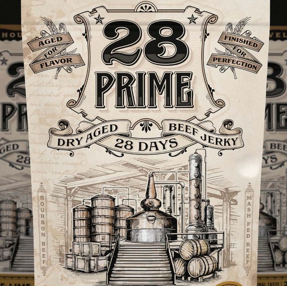 Whiskey brand with the title '28 Prime Dry Aged Beef jerky'