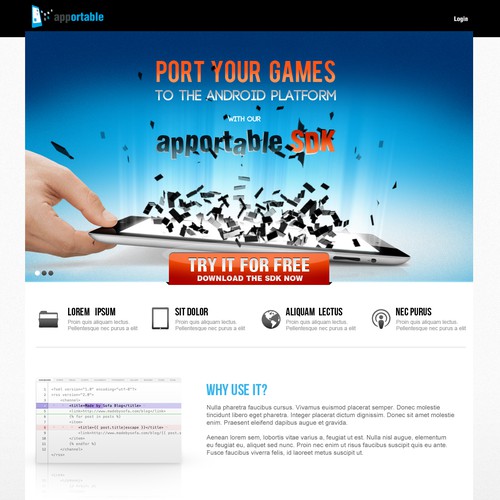 Game website with the title 'Help Apportable with a new website design'