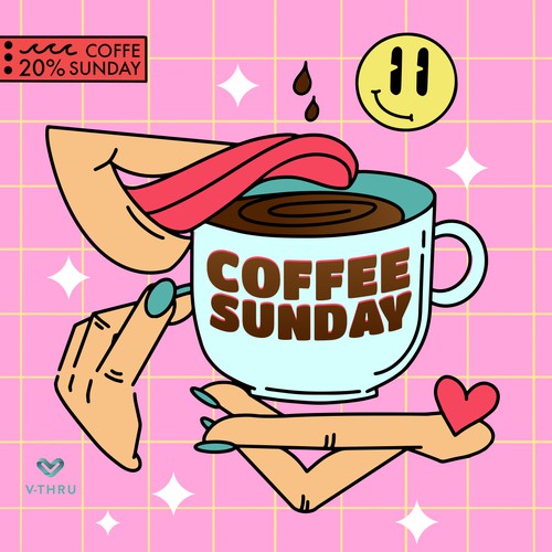 Coffee shop artwork with the title 'Coffee Sunday Illustration'