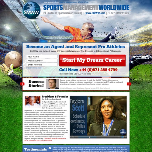 Football design with the title 'Landing Page design for Sports Management Training'