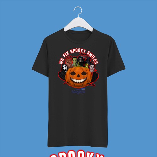 Dark t-shirt with the title 'Spooky smiles'