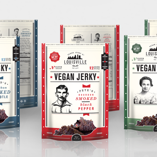 Packaging with the title 'Make our vegan soy jerky package look awesome!!'