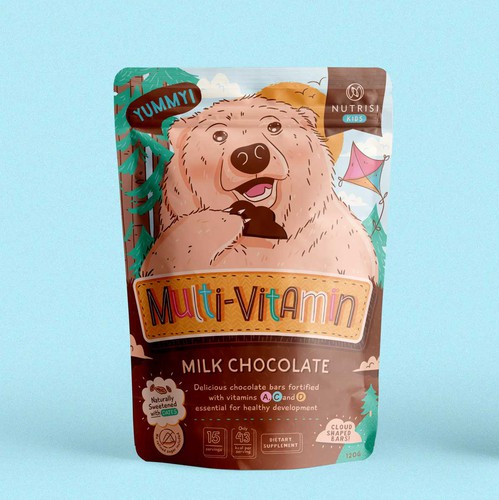 Illustration packaging with the title 'Illustrated chocolate pouch for a kid's multivitamin'