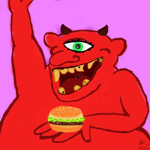 Devil artwork with the title 'CYCLOPS OFFERS A BURGER AND HOLDING IN THE OTHER HAND LOLLIPOP'