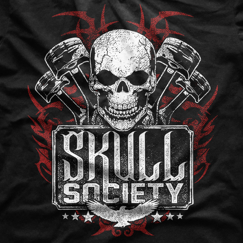 Engine design with the title 'Skull Society Biker Club T-Shirt'