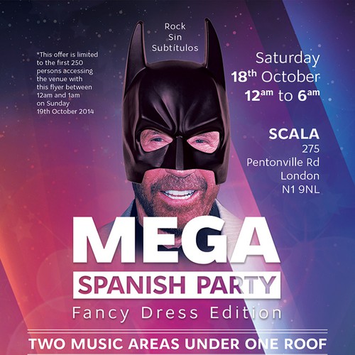 Batman design with the title 'Mega Spanish Party Poster'