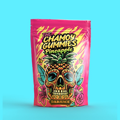 Gummy packaging with the title 'THC Chamoy Gummies (Pineapple)'