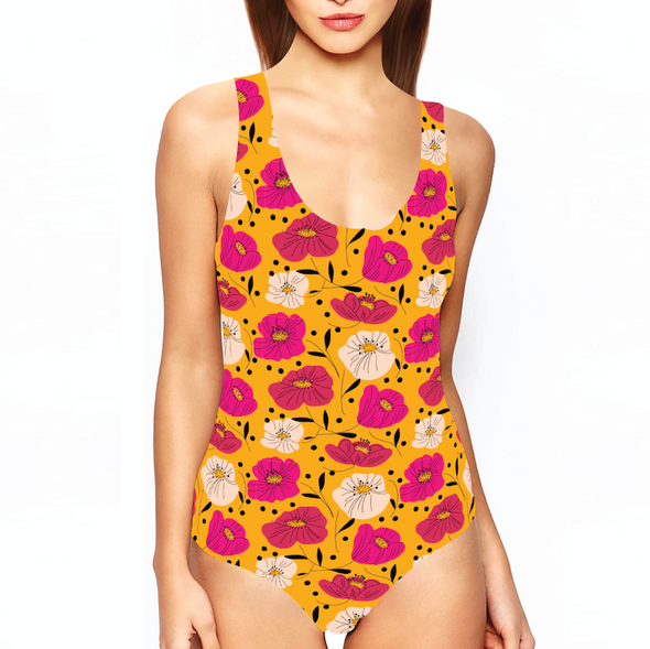 Yellow illustration with the title 'Mustard Floral Print for Swimwear Fabric'