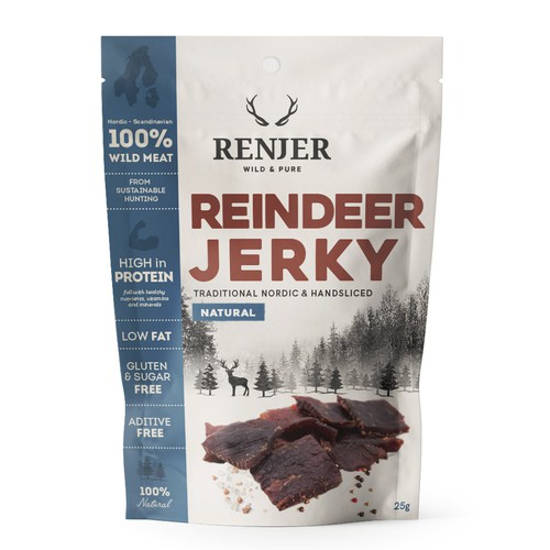 Scandinavian design with the title 'Nordic design for reindeer jerky packaging'