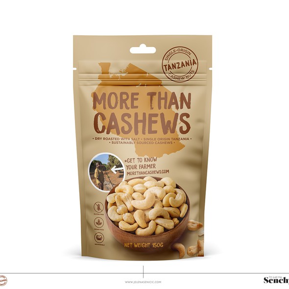 Snack bag packaging with the title 'Cashew nuts'