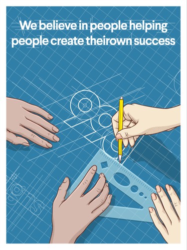 Tablet design with the title 'We believe in people helping people create their own success'