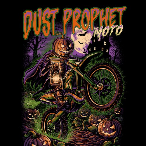 Motorcycle design with the title 'Dust Prophet Moto Halloween T-shirt design'