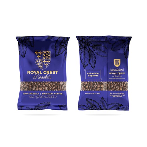 Coffee packaging with the title 'Royal Crest Roaster Coffee'