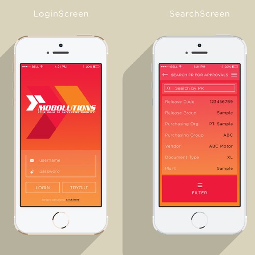 IPhone design with the title 'Purchasing approvals app page design'