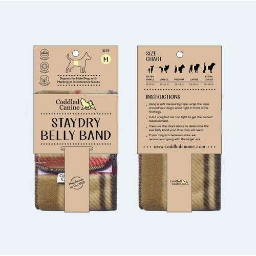 Rustic packaging with the title 'Packaging design for a dog belly band'