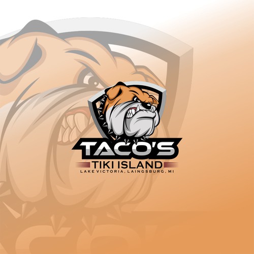 Bulldog logo with the title 'taco’s tiki island'