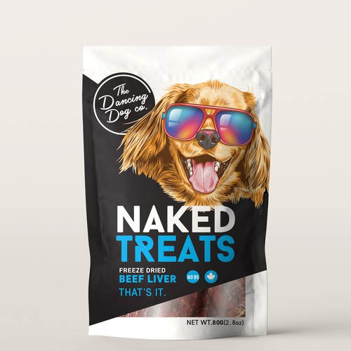 Dog packaging with the title 'The Dancing Dog Co. Naked Treats'