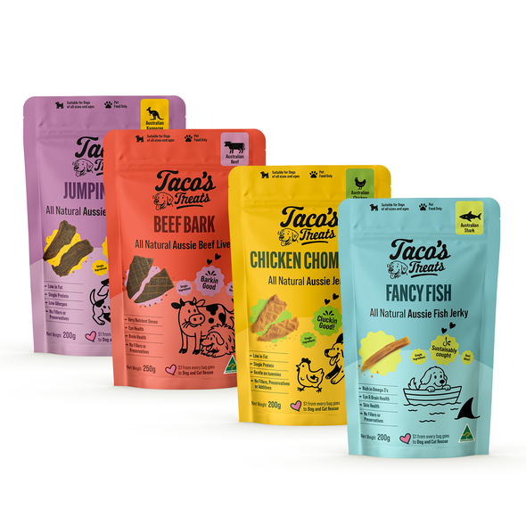 Pet food packaging with the title 'Taco's Treats - Logo and Packaging Design'