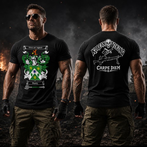 Military t-shirt with the title 'Bold Heraldic Crest & Warrior Skull Tactical T-Shirt Design'