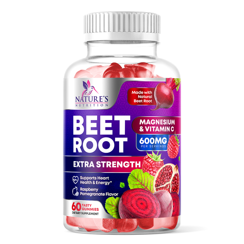 Vitamin label with the title 'Tasty Beet Root Gummies Label Design'