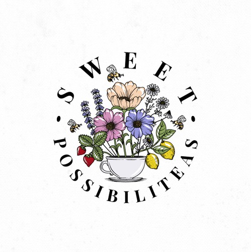 Tea shop logo with the title 'Colorful floral logo for tea biz.'