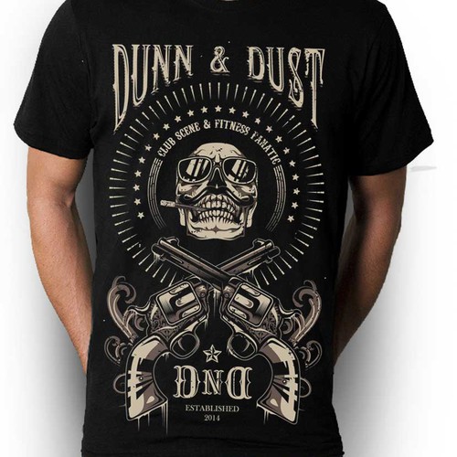 Gun t-shirt with the title 'Dunn & Dusted Clothing Logo. For the Club Scene and For the Fitness fanatics'