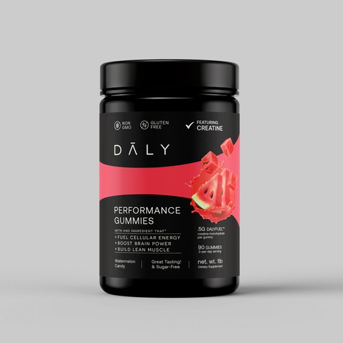 Striking design with the title 'Premium Packaging Design for DALY Sugar-Free Creatine Gummies'
